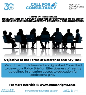 RECRUITMENT OF INTERESTED AND QUALIFIED CONSULTANT TO DEVELOP A POLICY BRIEF ON EFFECTIVENESS OF REENTRY GUIDELINES IN ENSURING ACCESS TO EDUCATION FOR ADOLESCENT GIRLS.
